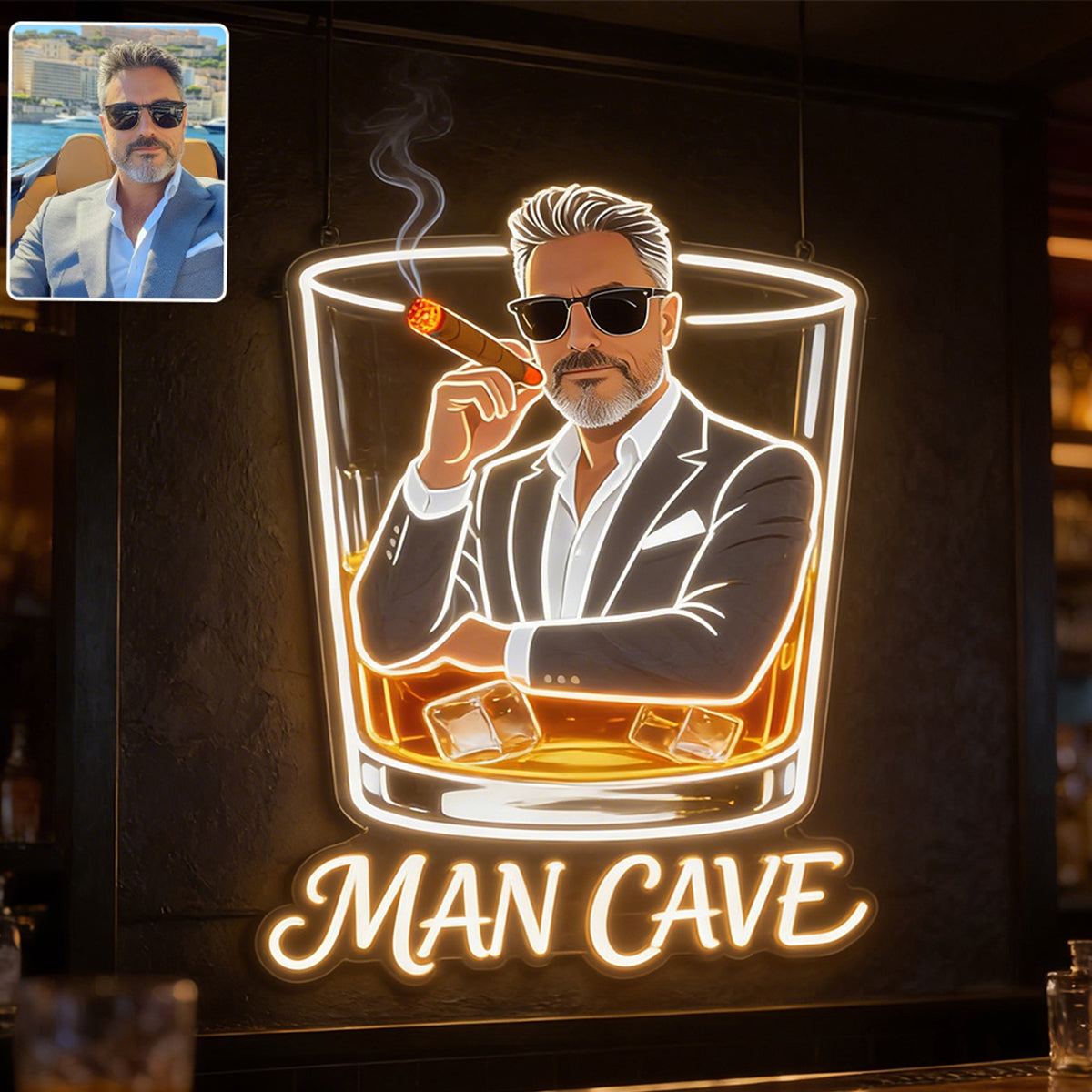 Personalisierte Whiskey & Zigarren Lounge LED Acrylschild für die Hausbar Geschenk für ältere schwarze Männer