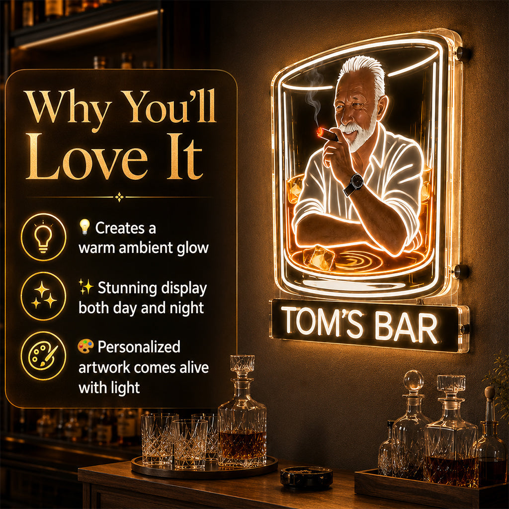 Personalisierte Whiskey & Zigarren Lounge LED Acrylschild für die Hausbar Geschenk für ältere schwarze Männer