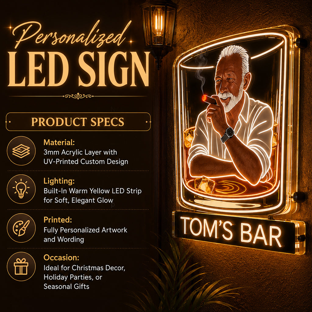 Personalisierte Whiskey & Zigarren Lounge LED Acrylschild für die Hausbar Geschenk für ältere schwarze Männer