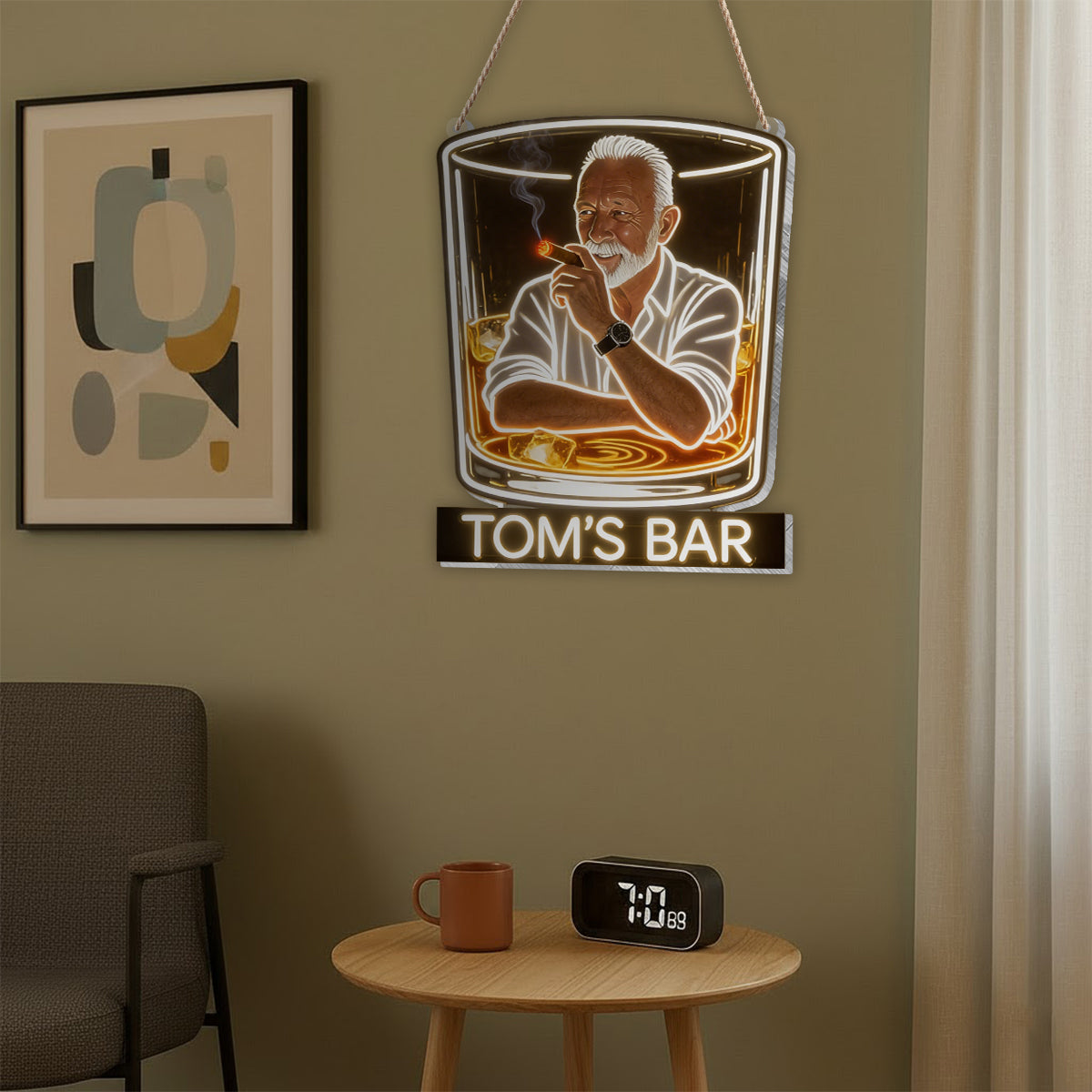Panneau LED Acrylique Personnalisé pour Homme Élégant en Costume avec Whisky & Cigare