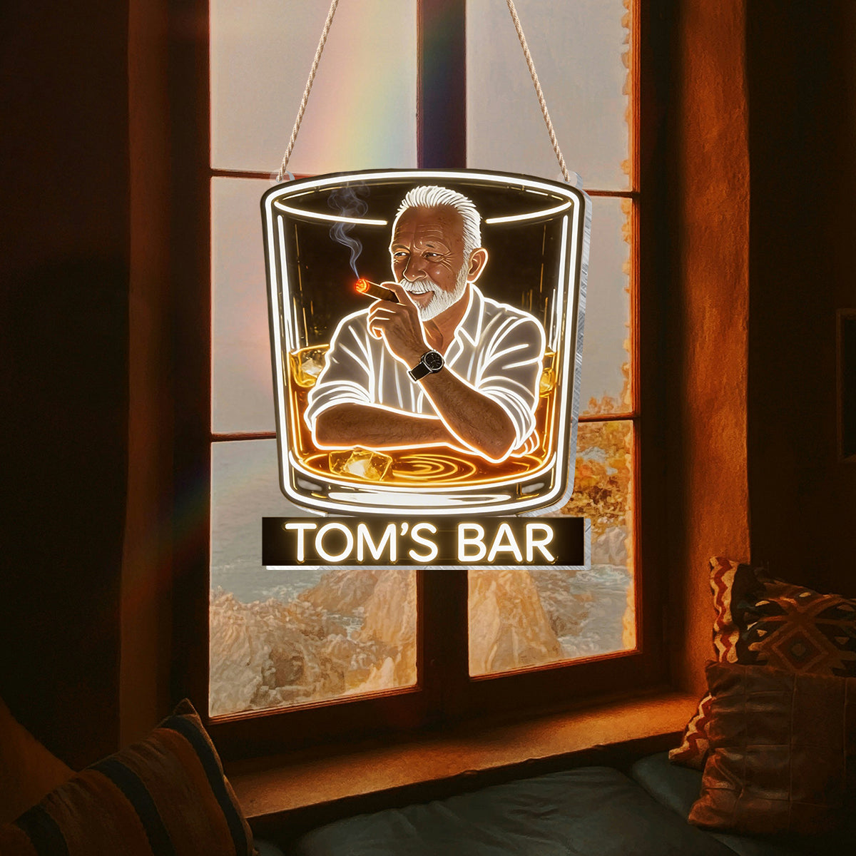 Personalisierte Whiskey & Zigarren Lounge LED Acrylschild für die Hausbar Geschenk für ältere schwarze Männer
