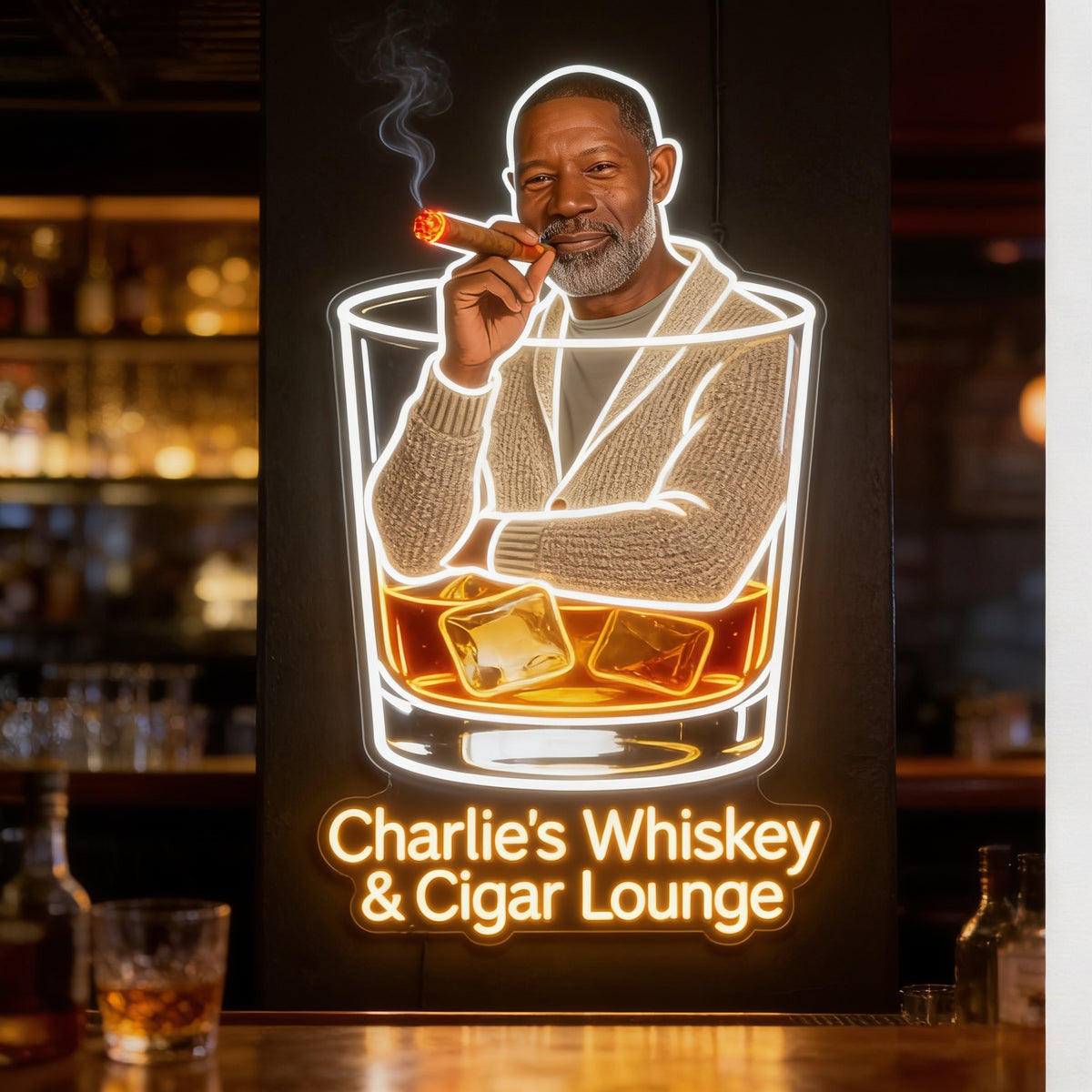 Personalisierte Whiskey & Zigarren Lounge LED Acrylschild für die Hausbar Geschenk für ältere schwarze Männer