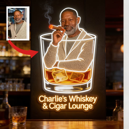 Personalisierte Whiskey & Zigarren Lounge LED Acrylschild für die Hausbar Geschenk für ältere schwarze Männer