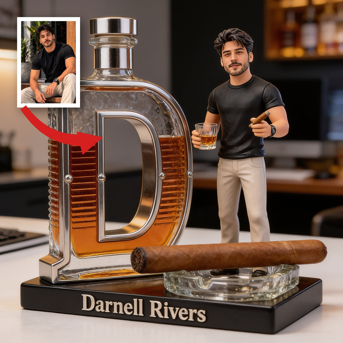 Plaque Acrylique Personnalisée Homme Latino Adulte en Forme de Cigare au Whisky, Cadeau pour Amateur de Whisky