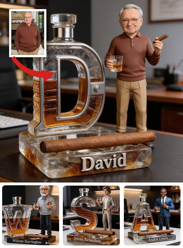 Custom Photo Older Man Whiskey Cigar Initial Letter Shaped Acrylic Plaque, Desk Gift For Men