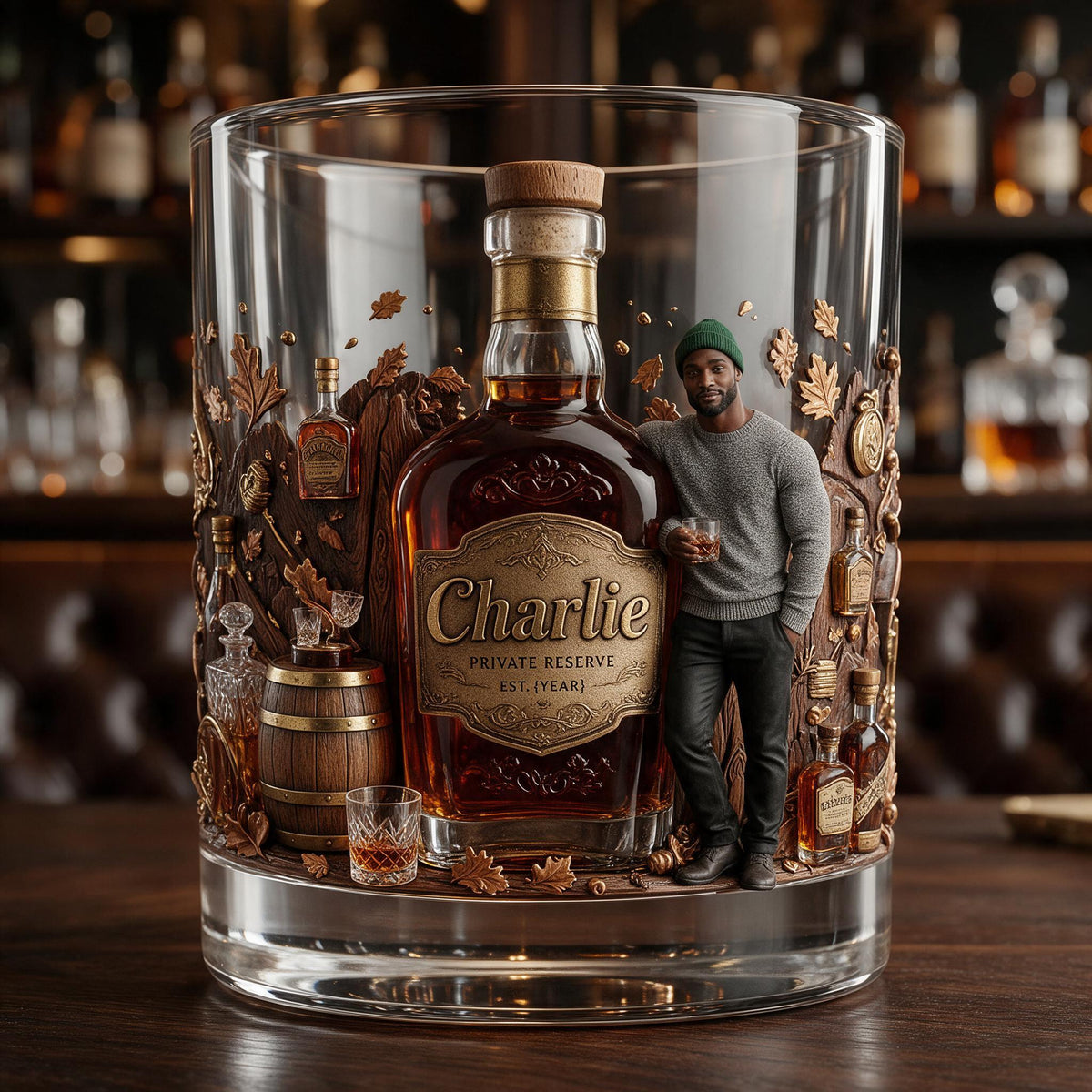 Personalized Bearded Black Man Whiskey Glass Bourbon Lover Gift