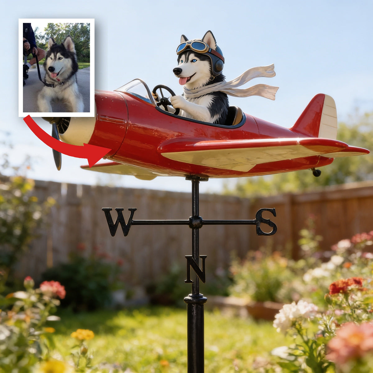 Custom Photo Siberian Husky Pilot Weather Vane, Garden Pet Lover Yard Decor