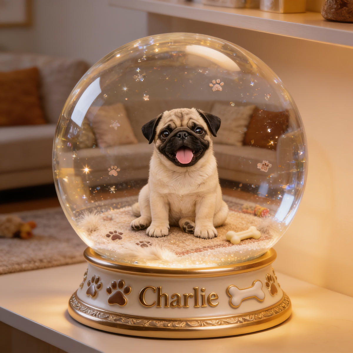 Personalized Wrinkly Fawn Pug Acrylic Snow Globe Table Decor, Dog Lover Gift