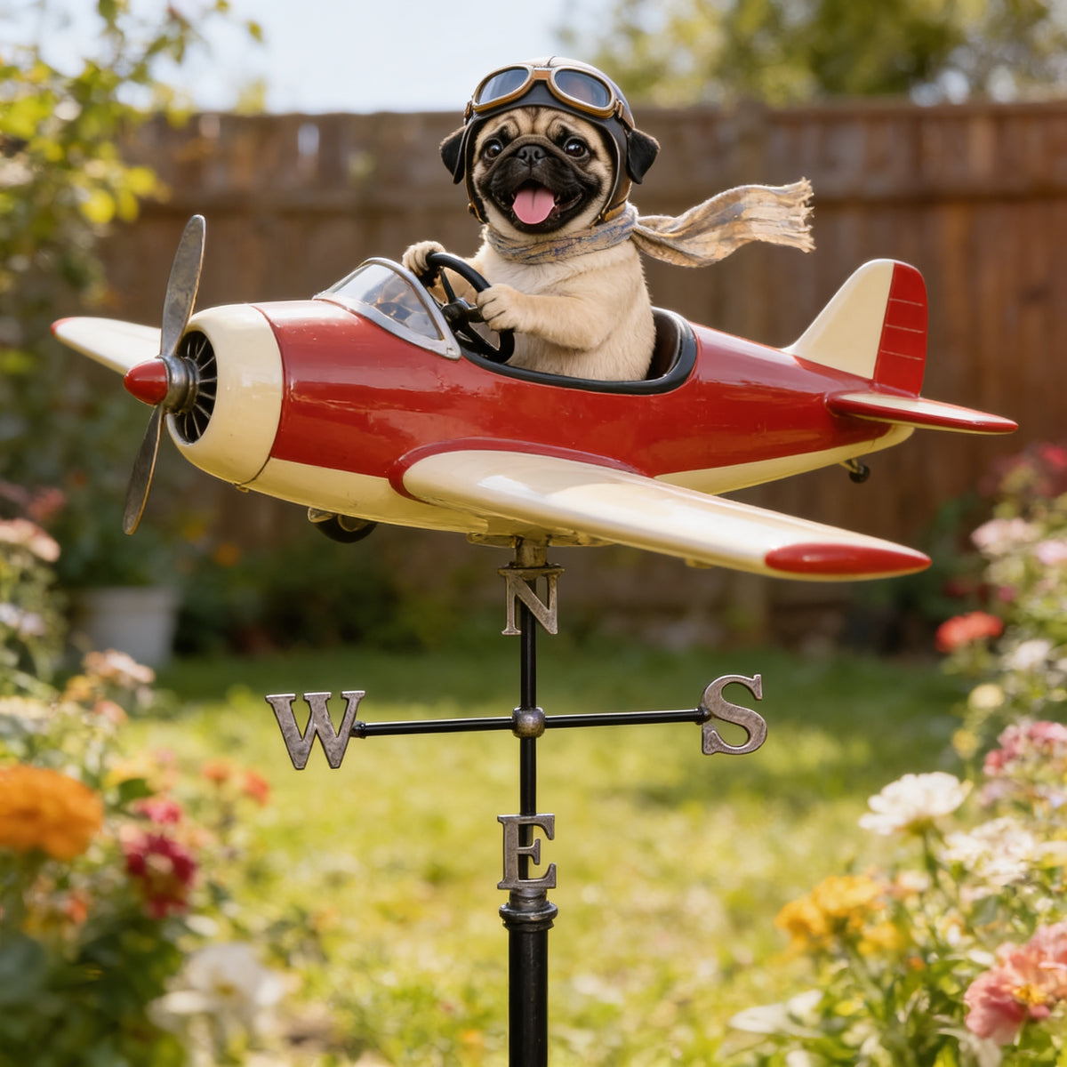 Custom Photo Cute Pug Pilot Airplane Weather Vane, Pet Lover Garden Decor Gift