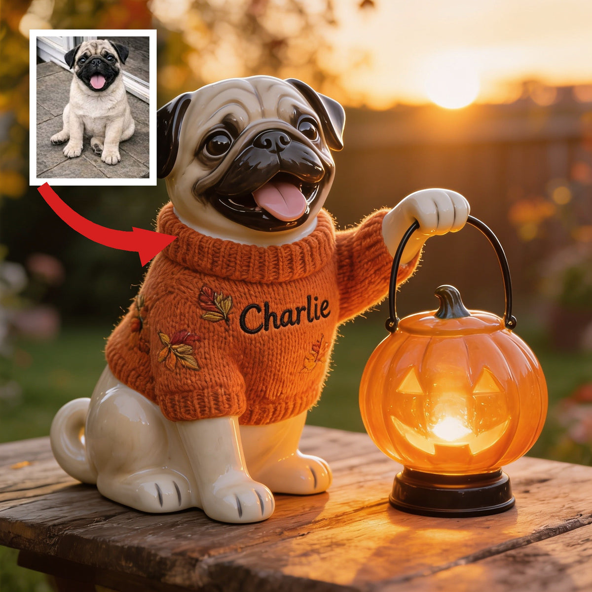 Personalized Fall Wrinkled Pug Solar Acrylic Light Garden Decor