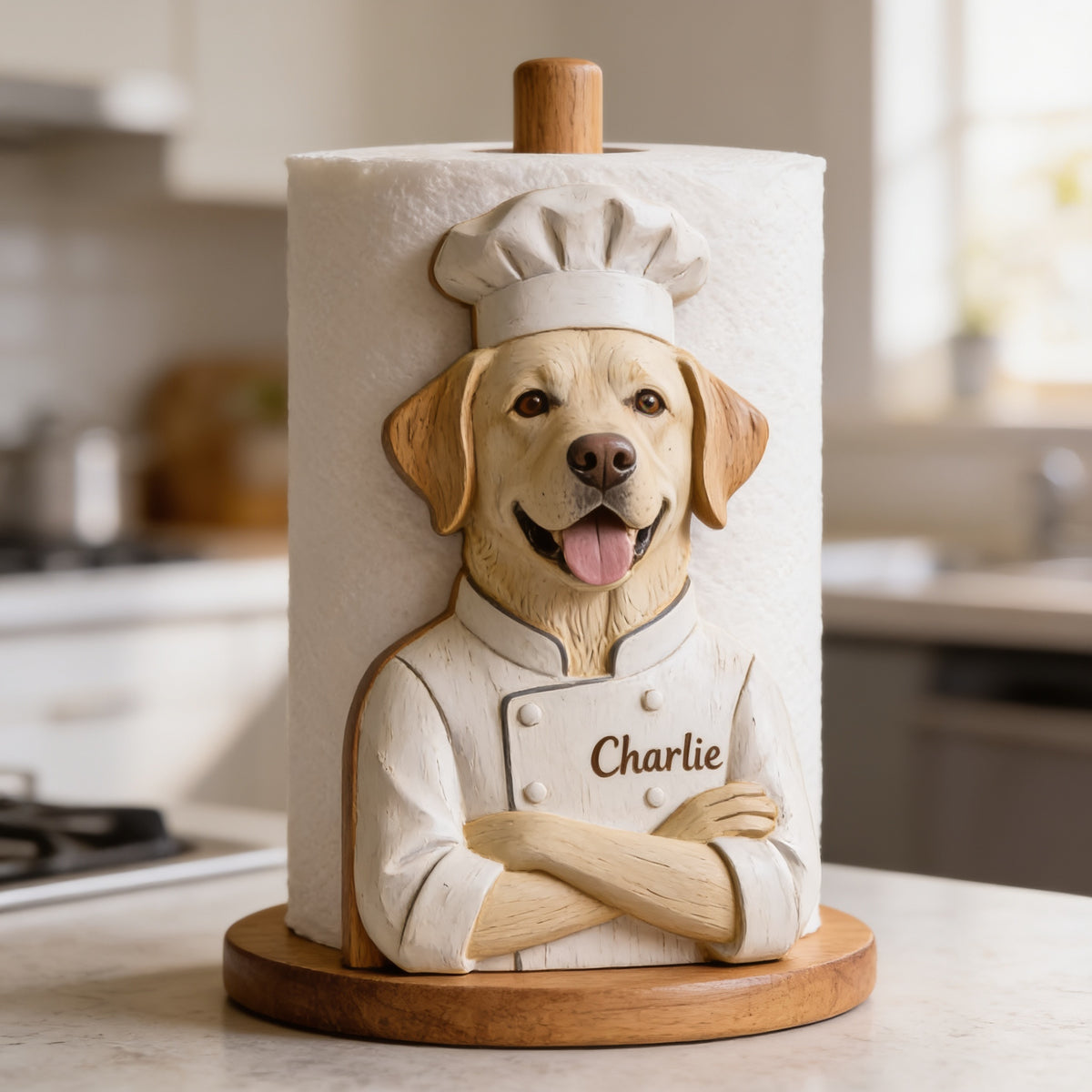 Personalized Yellow Labrador Chef Paper Towel Stand Kitchen Decor Gift