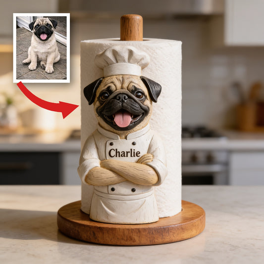 Personalized Chef Pug Paper Towel Stand Kitchen Decor Gift
