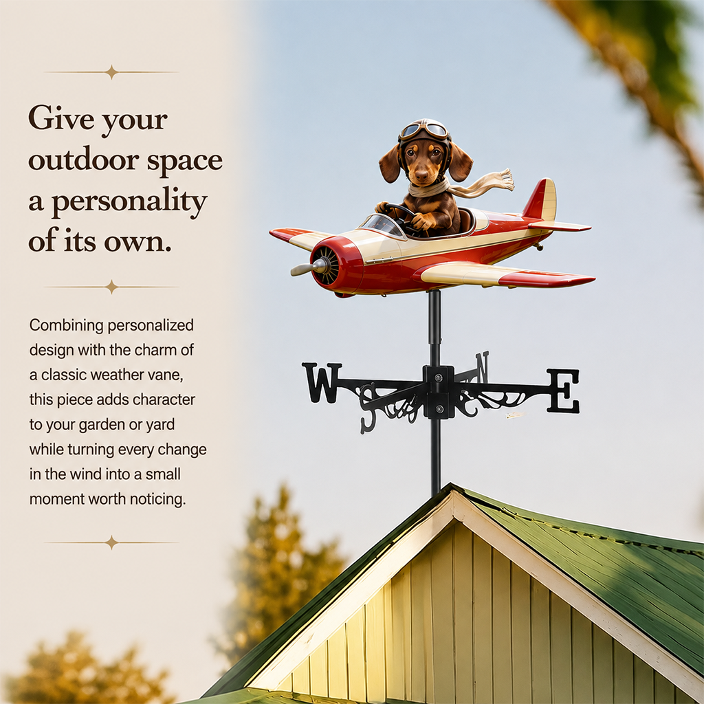 Custom Photo Cute Pug Pilot Airplane Weather Vane, Pet Lover Garden Decor Gift