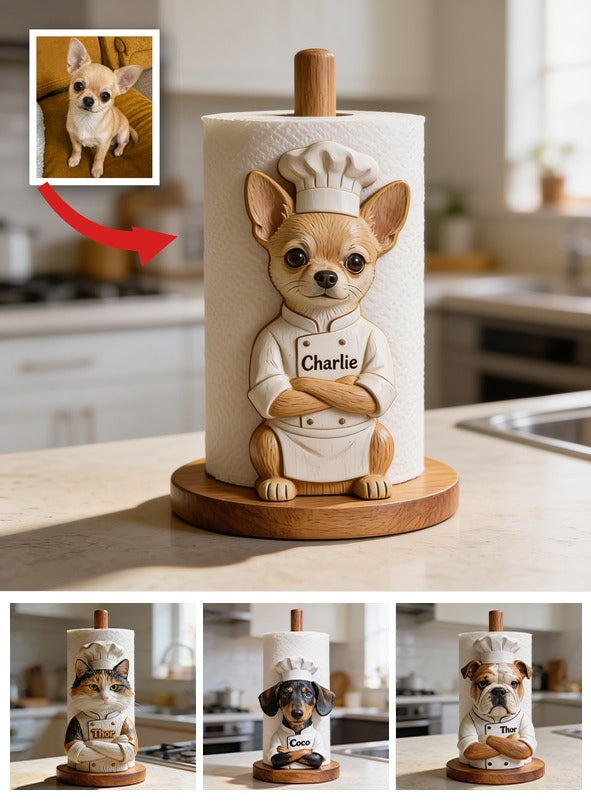 Personalized Chef Chihuahua Wooden Paper Towel Stand Kitchen Decor Gift