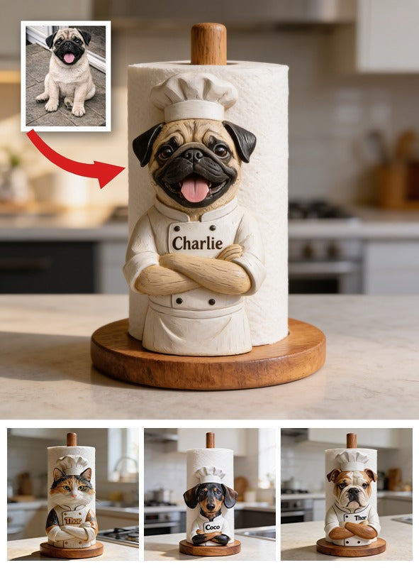 Personalized Chef Pug Paper Towel Stand Kitchen Decor Gift
