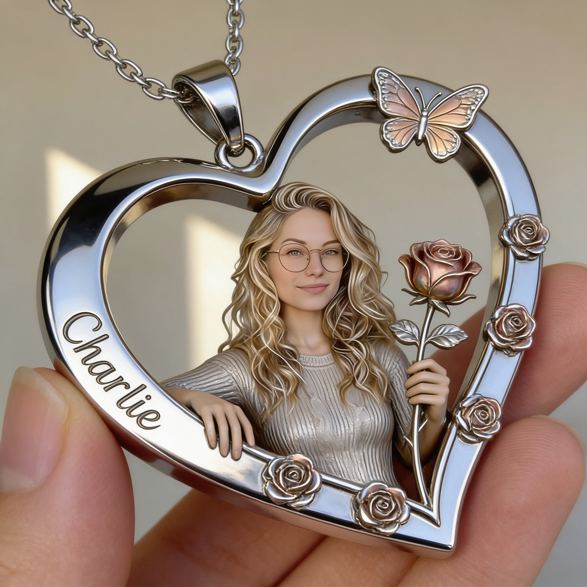 Personalized Birth Month Flower Woman with Glasses Heart Shaped Pendant Necklace