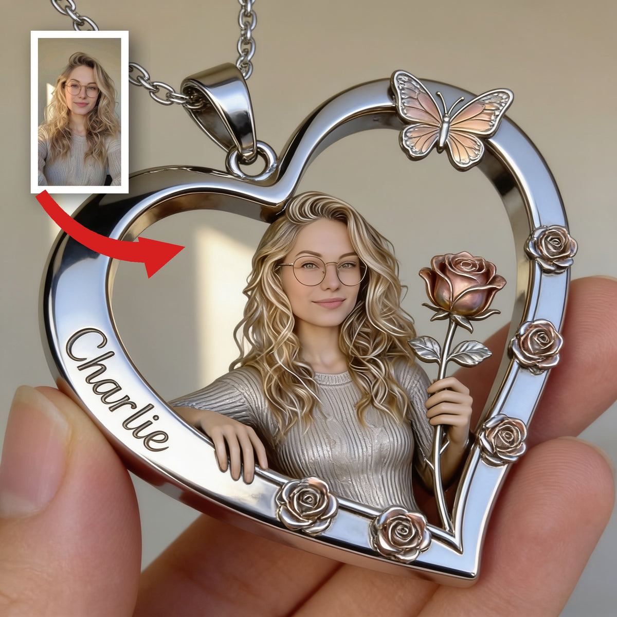 Personalized Birth Month Flower Woman with Glasses Heart Shaped Pendant Necklace
