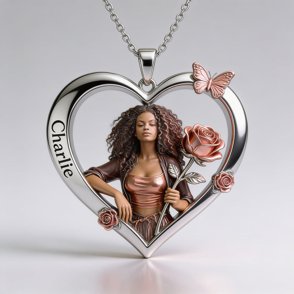Personalized Birth Month Flower Black Woman Heart Pendant Necklace Self Love Jewelry