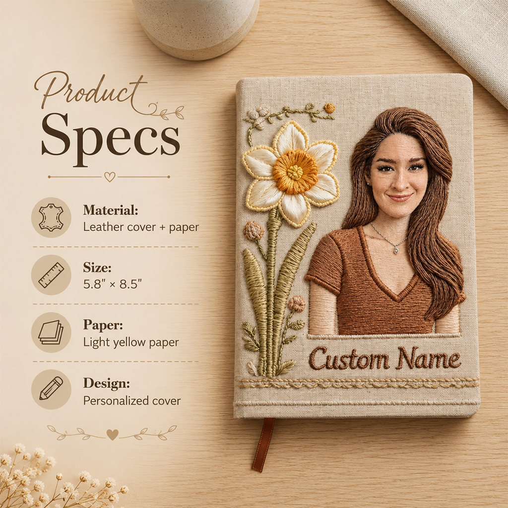 Personalized Birth Month Flower Curly Haired Glasses Young Woman Leather Journal Custom Name Self Love Gift
