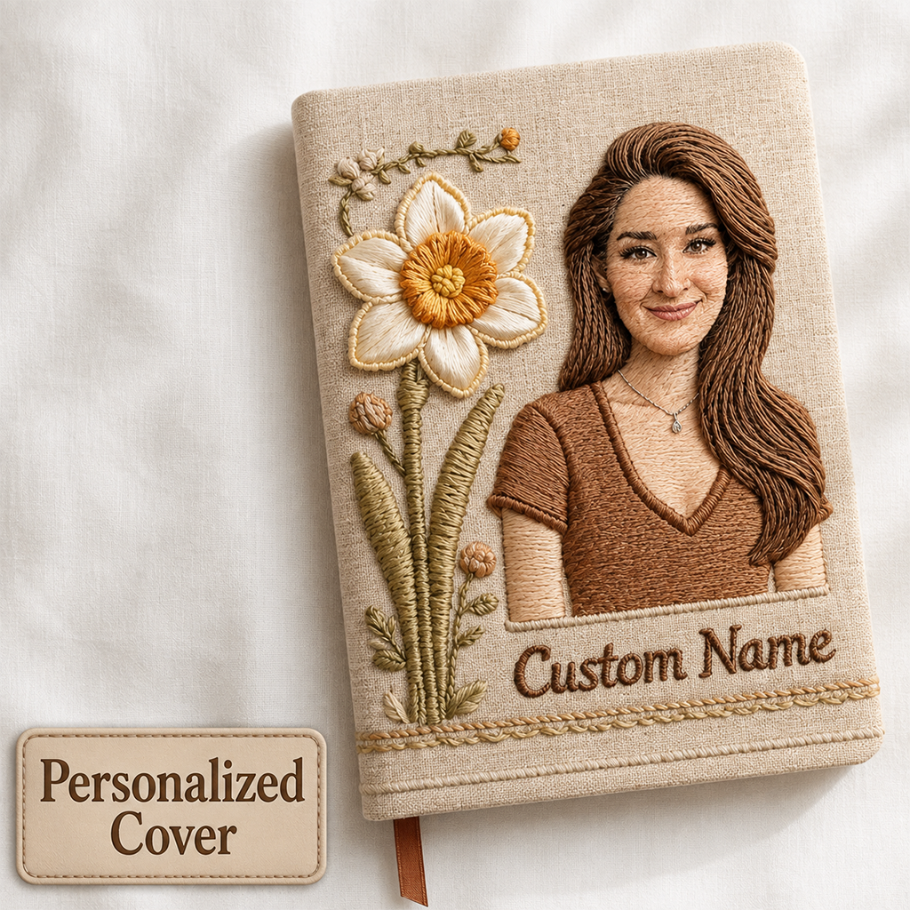 Personalized Birth Month Flower Young Black Woman Embroidered Leather Journal Custom Name Self Love Gift