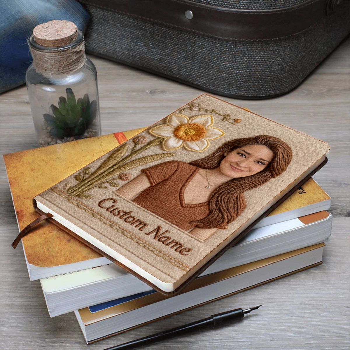 Personalized Birth Month Flower Latina Woman Floral Embroidered Leather Journal Self Love Gift