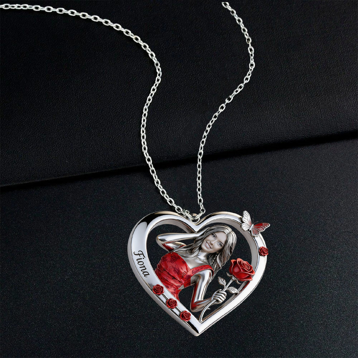 Personalized Birth Month Flower Woman with Glasses Heart Shaped Pendant Necklace