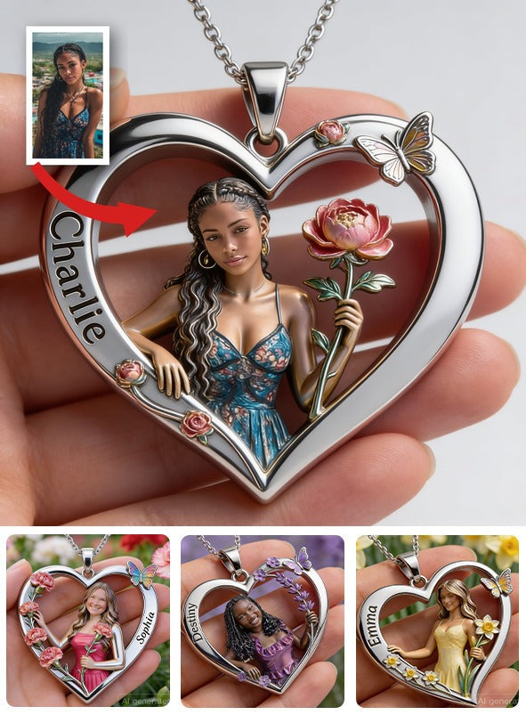 Personalized Birth Month Flower Latina Woman Heart Shaped Metal Pendant Necklace Self Love Jewelry Gift