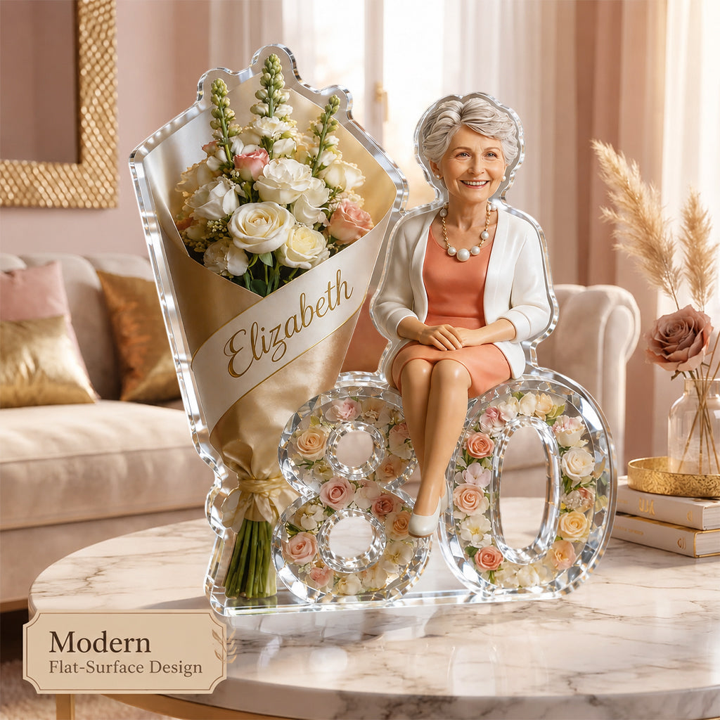 Custom Photo 50th Birthday Senior Woman Flower Bouquet Acrylic Plaque Gift For Her