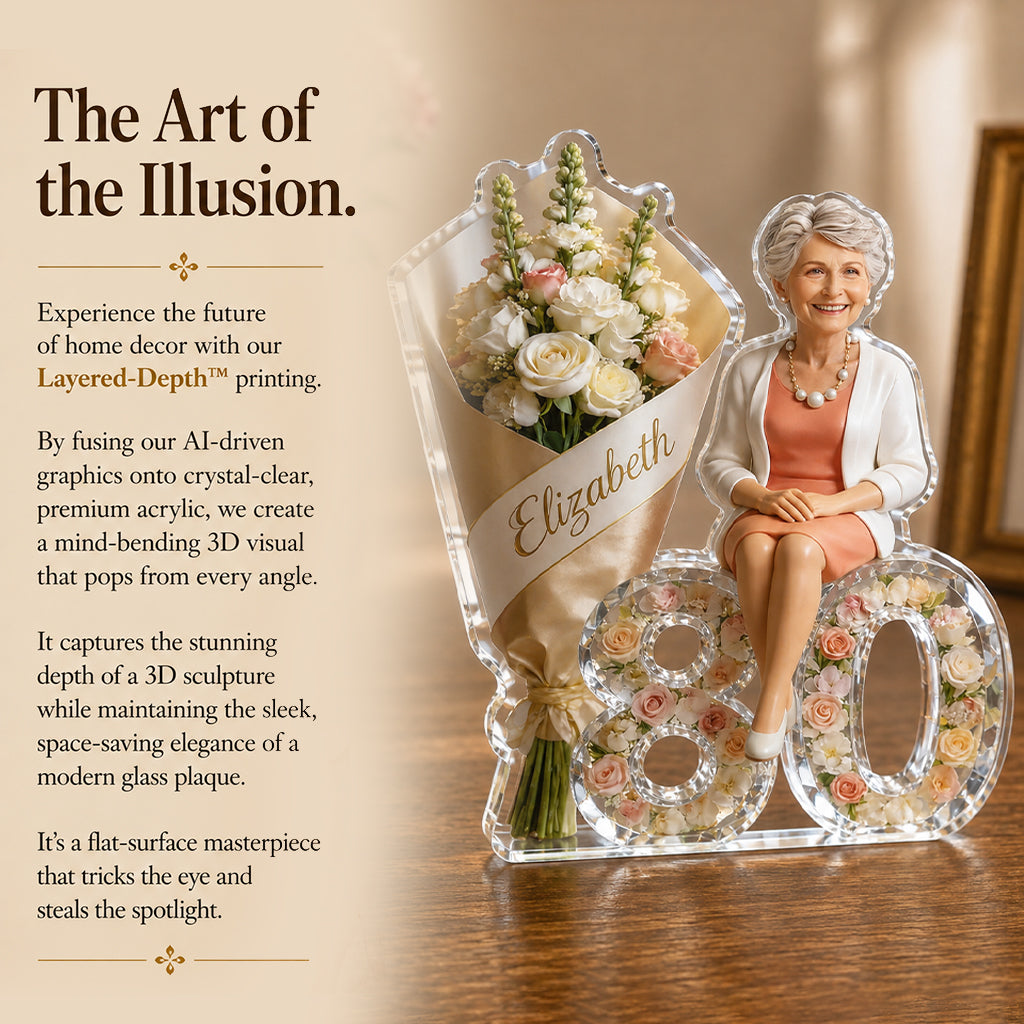 Custom Photo 50th Birthday Senior Woman Flower Bouquet Acrylic Plaque Gift For Her