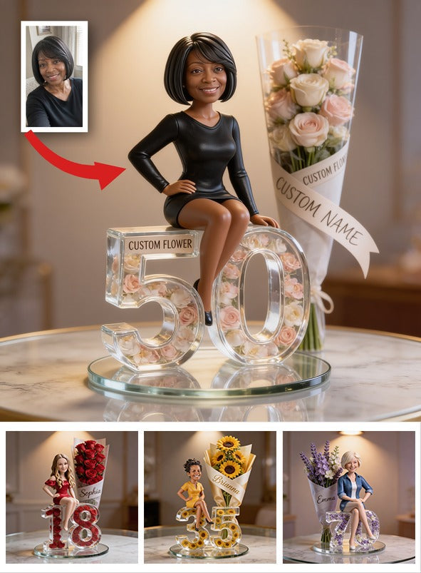 Custom Photo 50th Birthday Older Black Woman Flower Bouquet Acrylic Plaque Gift For Her