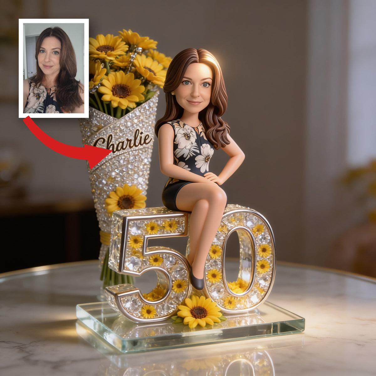 Custom Photo 50th Birthday Senior Woman Sunflower Acrylic Plaque, Gift for Mom Grandma Wife