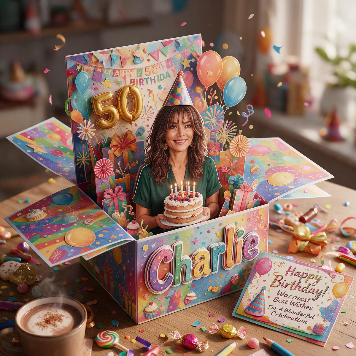 Personalized 50th Birthday Older Latina Woman Pop Up Box Card Gift for Mom Grandma