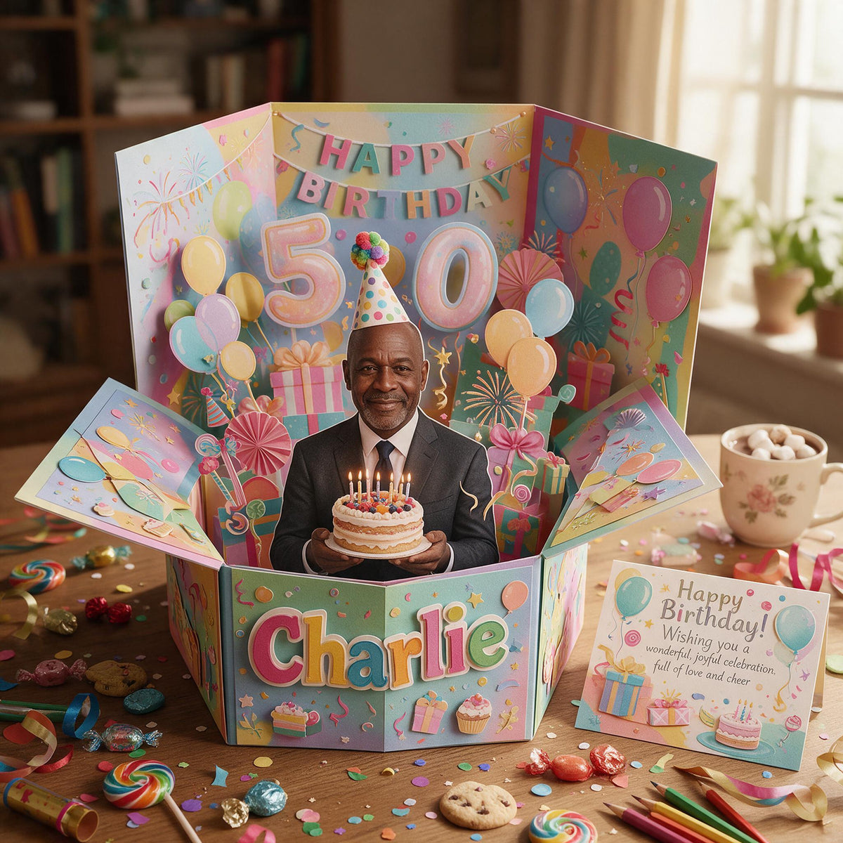 Personalized 50th Birthday Senior Black Man Pop Up Box Card Dad Grandpa Gift