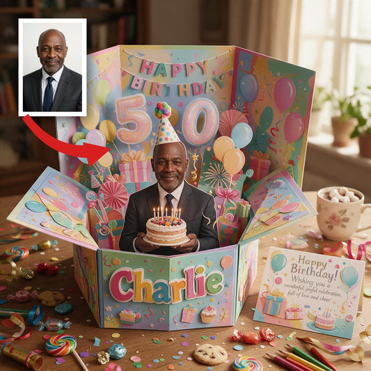 Carte Pop Up Personnalisée pour le 50ème Anniversaire d'un Homme Noir Senior