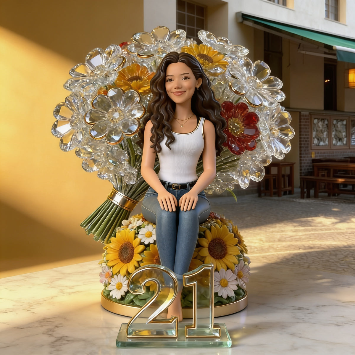 Custom Photo 21st Birthday Latina Woman with Flower Bouquet Shaped Acrylic Plaque Gift for Her