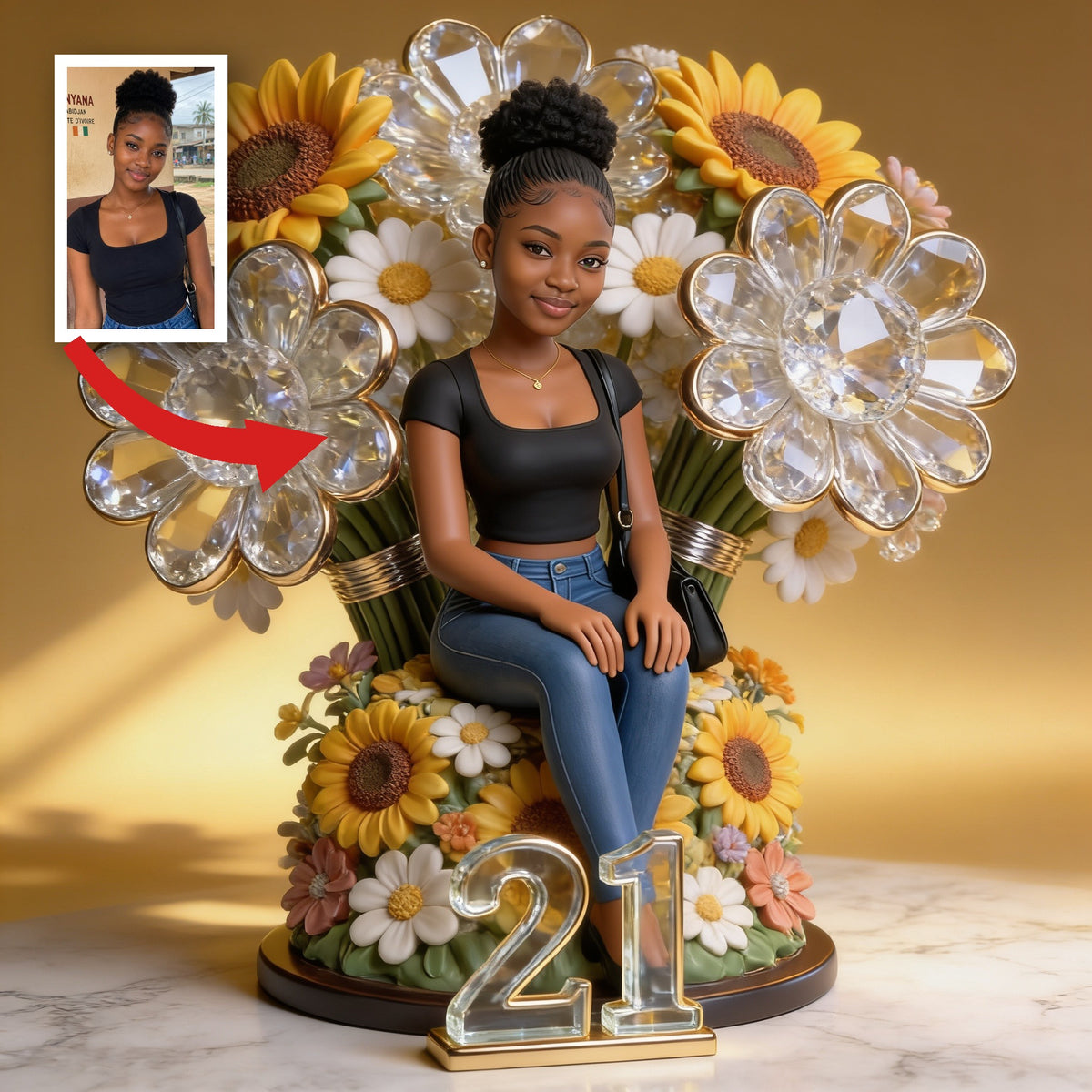 Custom Photo 21st Birthday Black Woman Floral Acrylic Plaque, Gift for Daughter Wife Girlfriend