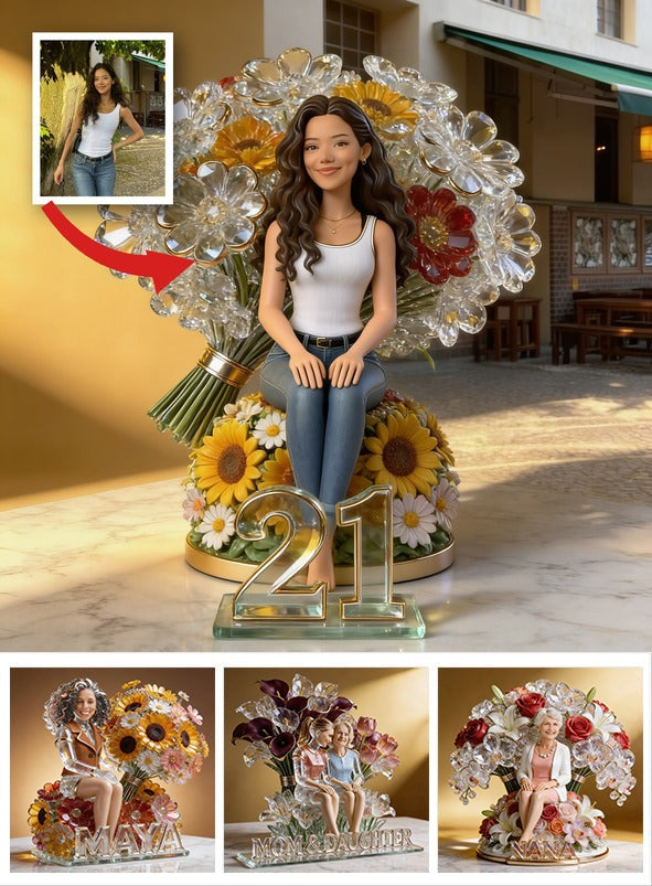 Custom Photo 21st Birthday Latina Woman with Flower Bouquet Shaped Acrylic Plaque Gift for Her