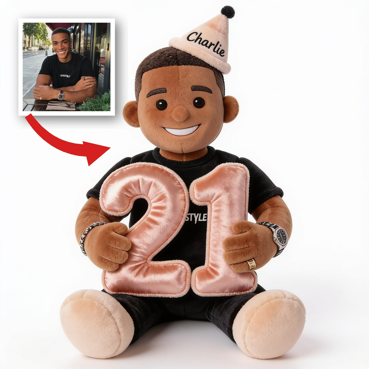 Personalized 21st Birthday Black Man Faux Fur Plush Pillow, Custom Gift