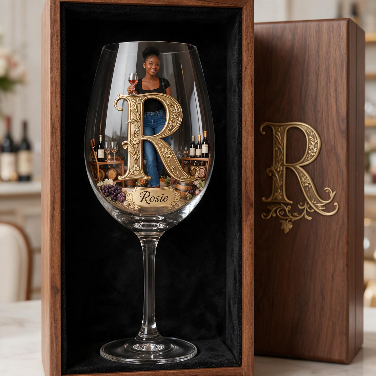 Personalized Black Woman Initial Wine Glass Set With Wooden Box, Wine Lover Gift