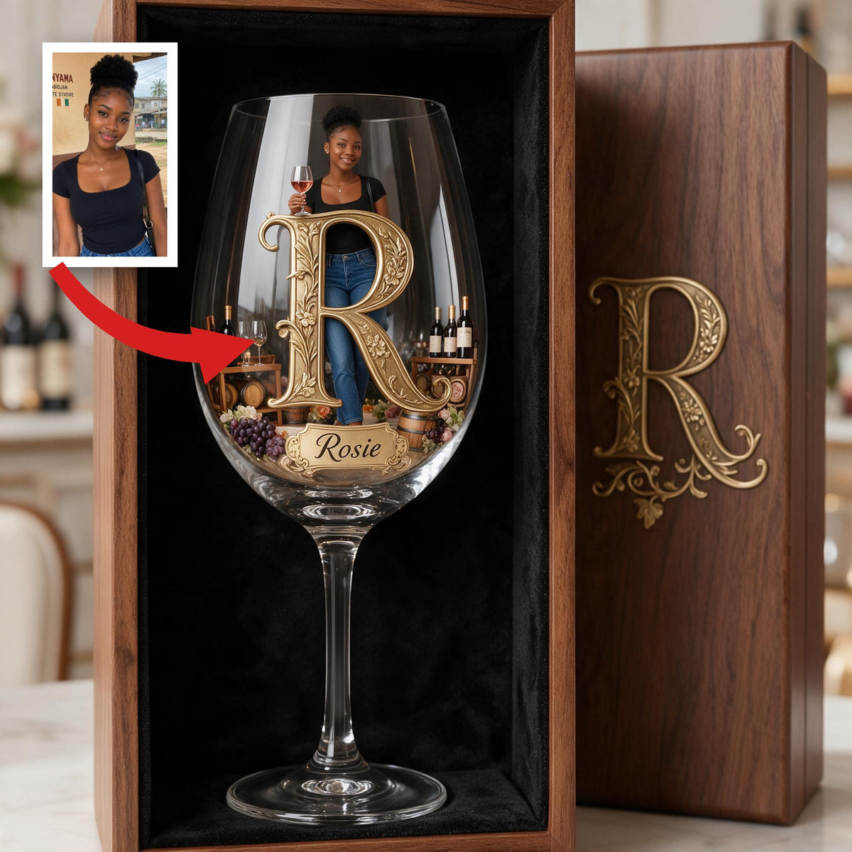 Personalized Black Woman Initial Wine Glass Set With Wooden Box, Wine Lover Gift