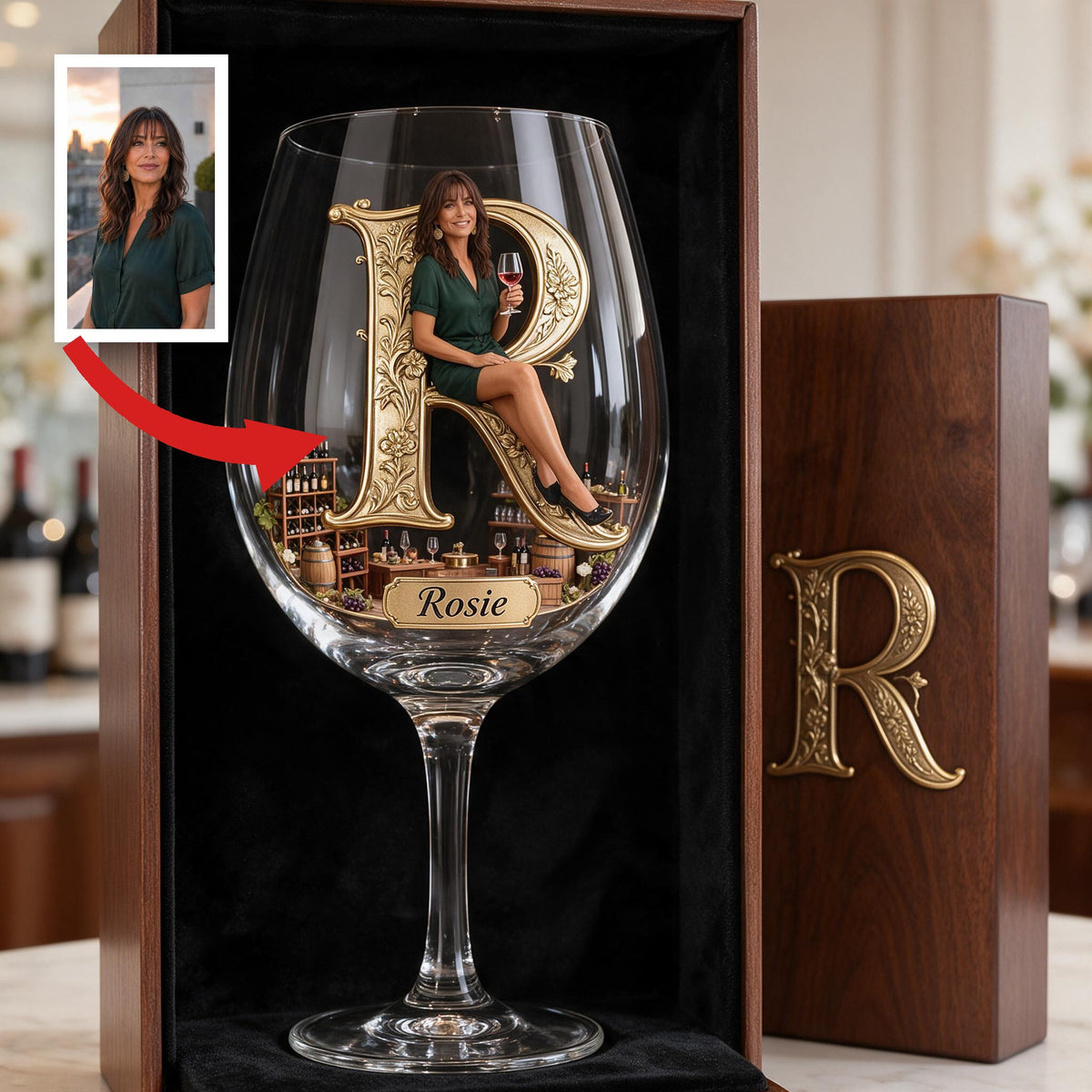 Personalized Older Latina Woman Initial Wine Glass Set, Wine Lover Gift