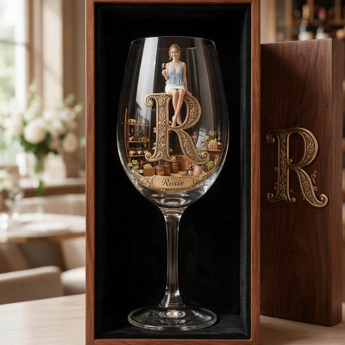 Personalized Woman Wine Glass Set with Wooden Box Gift