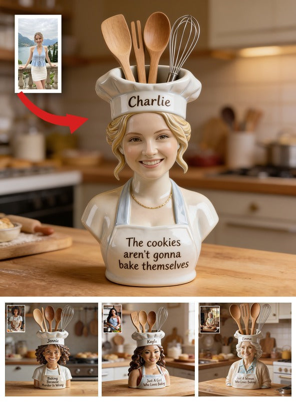 Personalized Woman Chef Acrylic Pot Baking Utensil Holder Kitchen Gift