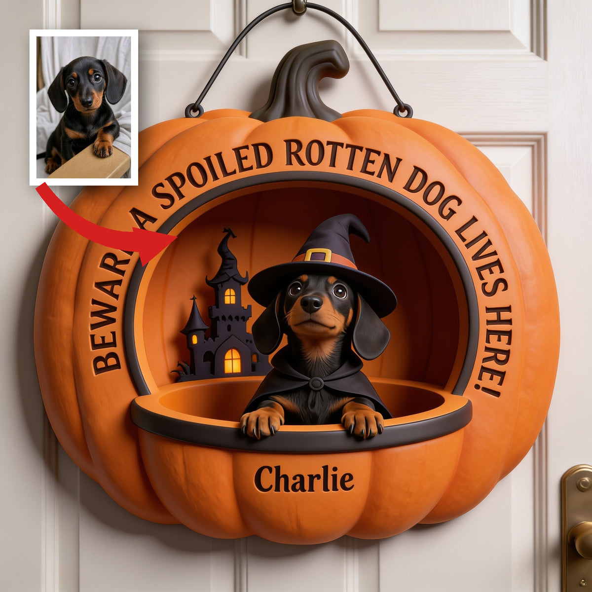 Personalized Halloween Black and Tan Dachshund Puppy Pumpkin Wood Sign Dog Lover Decor