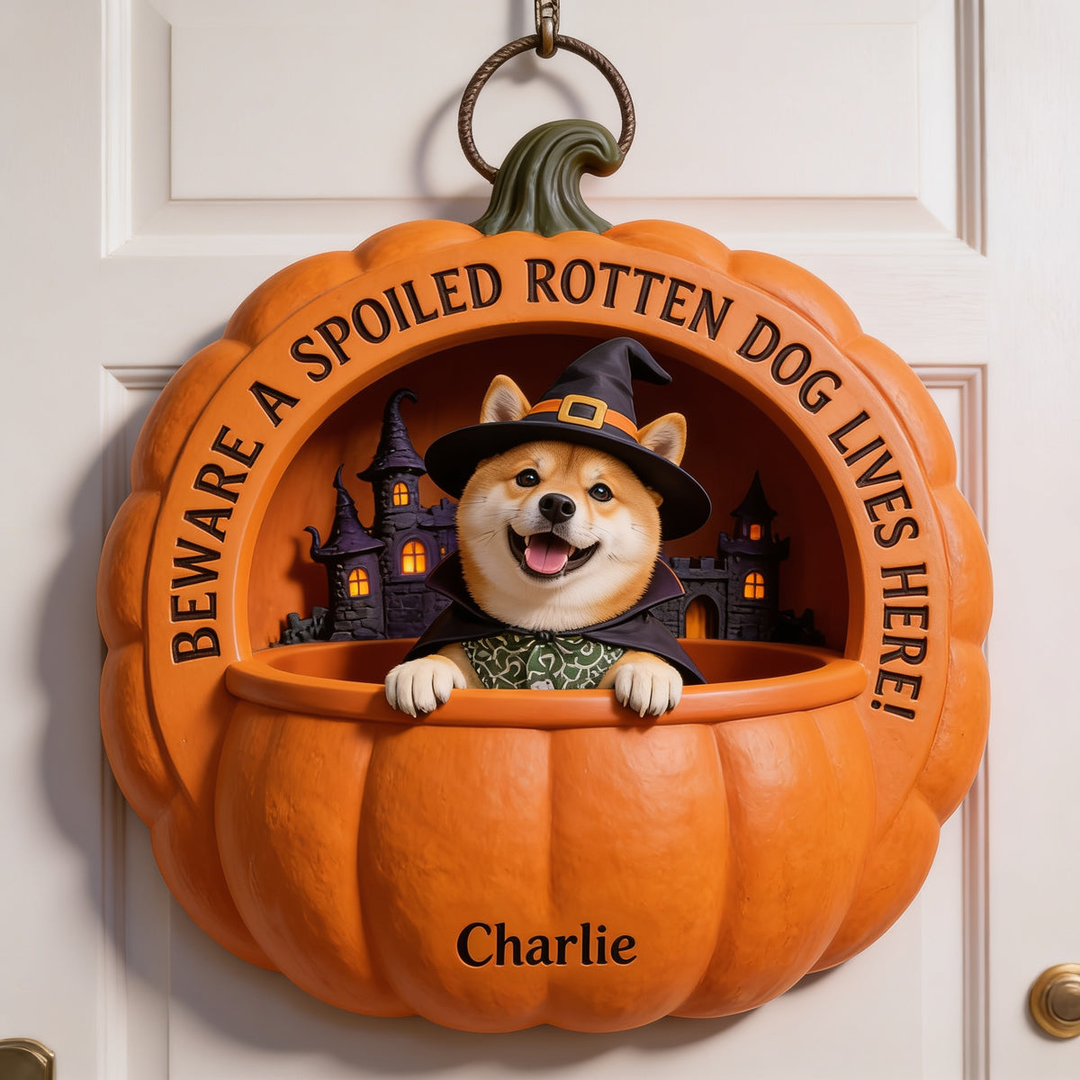 Personalized Halloween Adult Tan White Shiba Inu Pumpkin Shaped Wood Sign