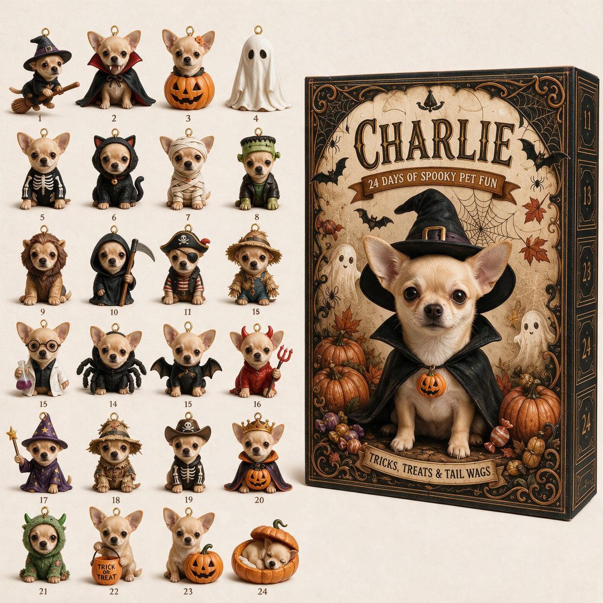 Personalized Halloween Fawn Chihuahua Advent Calendar With Mini Ornaments Dog Lover Gift