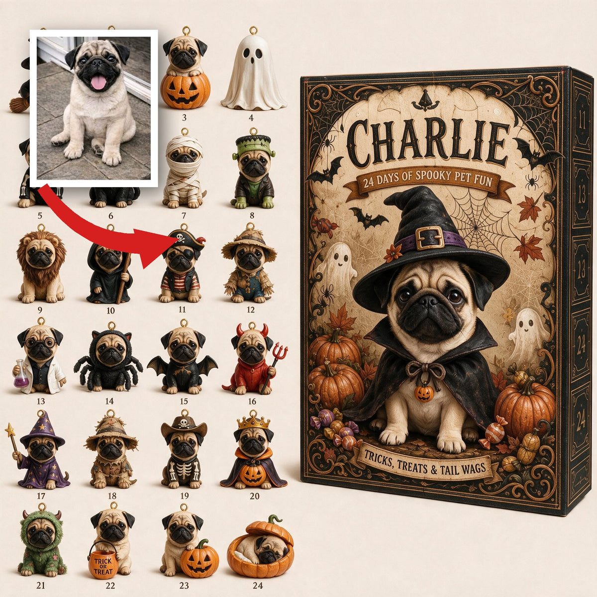 Personalized Halloween Fawn Pug Advent Calendar with Mini Ornaments, Dog Lover Gift