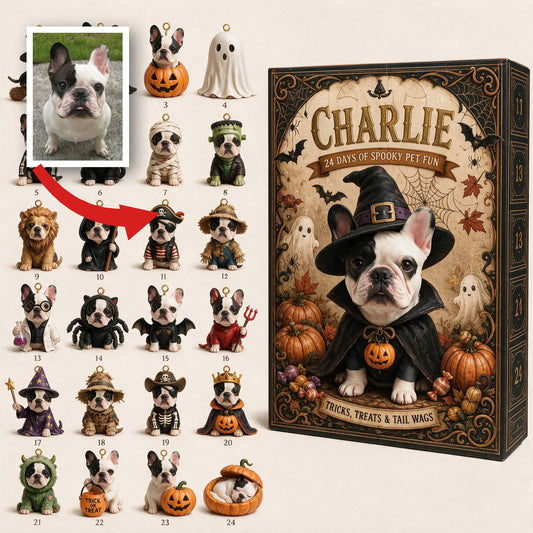 Calendrier de l'Avent personnalisé Halloween Bouledogue Français Noir et Blanc avec Ornements