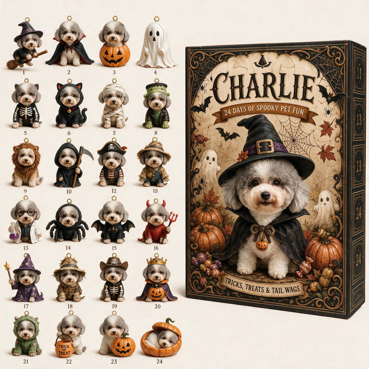 Personalized Halloween Curly Fur Poodle Advent Calendar with Spooky Mini Ornaments