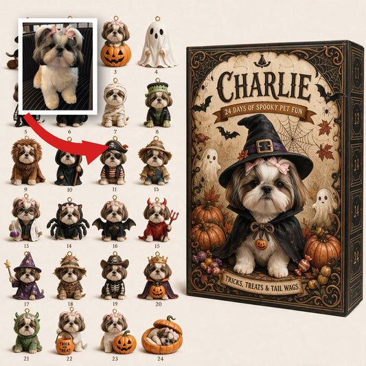 Calendrier de l'Avent Fluffy Shih Tzu Personnalisé pour Halloween avec Mini Ornements, Cadeau pour Amoureux des Animaux